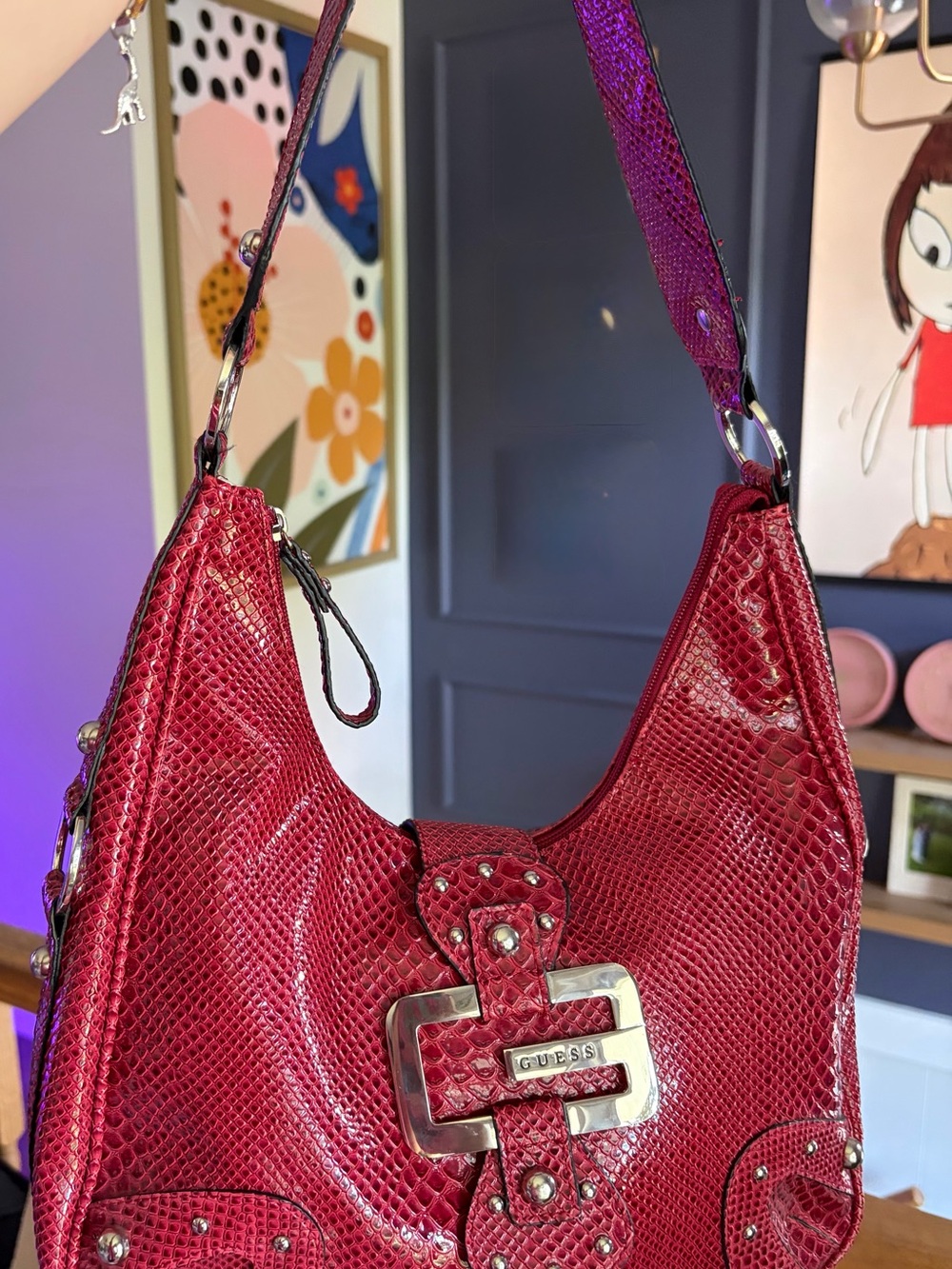 GUESS Metallic Red Faux-Snakeskin Shoulder Bag with Silver Hardware